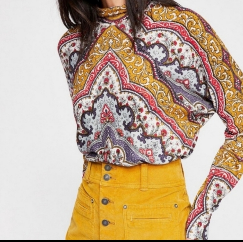 Free People Chase Me Knit Paisley Turtleneck Dolman Sleeves Medium